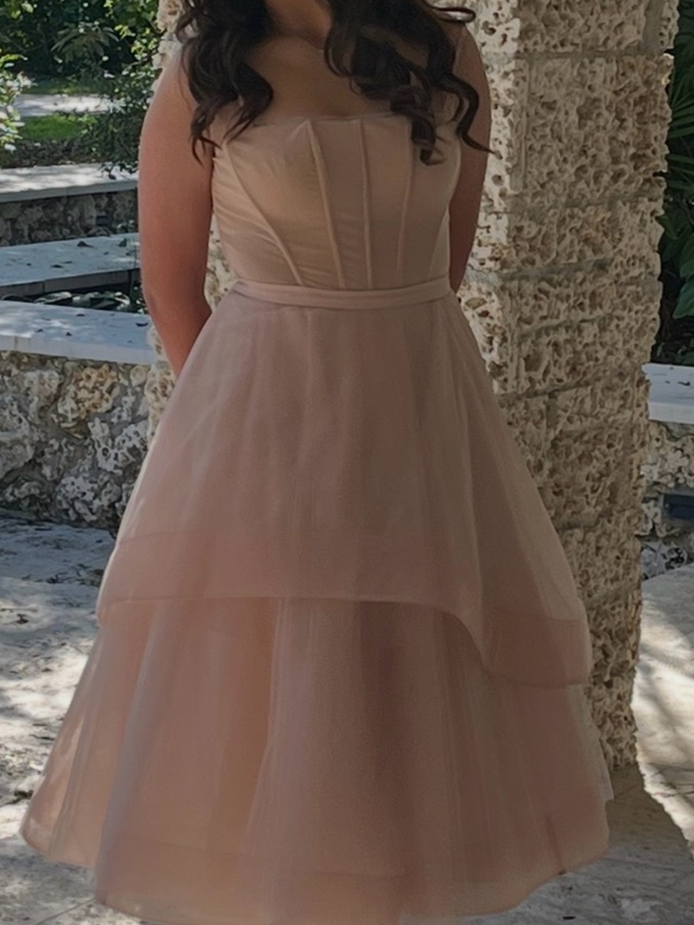 BCBGMaxAzria Blush Pink Tiered Tulle Midi Dress - Picture 3 of 12